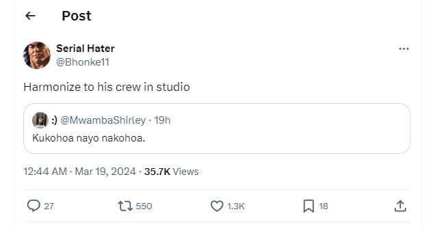 Post serial hater bhonkell harmonize to his crew in studio mwambashirley . 19h k