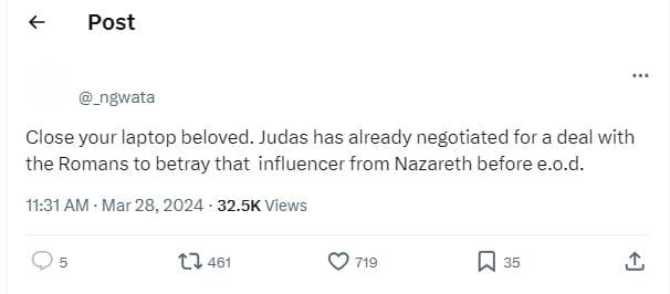 Post ngwata close your laptop beloved. judas has already 'negotiated for a deal