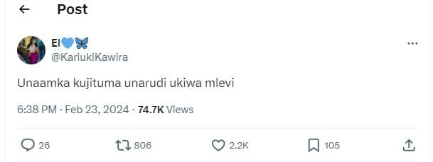 Post el096 kariukikawira unaamka kujituma unarudi ukiwa mlevi 6.38 pm feb 23. 74