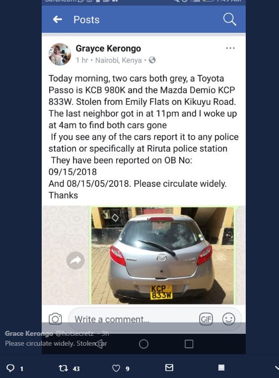 Posts grayce kerongo nairobi, kenya today morning two cars both grey a toyota pa