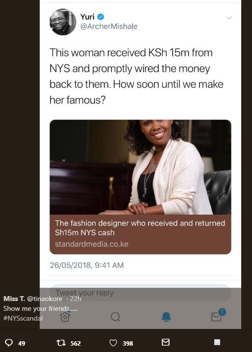 Yuri archermishale this woman received ksh 15m from nys and promptly wired the m