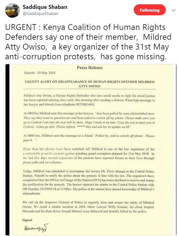 Saddique shaban saddiqueshaban following urgent kenya coalition of human rights