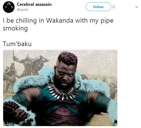 Cerebral assassin xysist follow be chilling in wakanda with my pipe smoking tum'