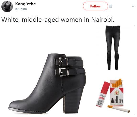 Kang'ethe chiira follow white, middleaged women in nairobi. eei harlhorn