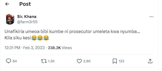 Post sir. khana farm3r55 unafikiria umeoa bibi kumbe ni prosecutor umeleta kwa n