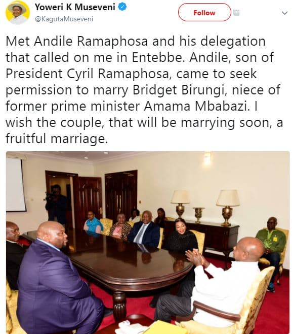 Yoweri k museveni kaguta museveni follow met andile ramaphosa and his delegation