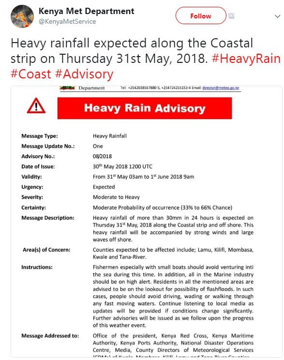 Kenya met department kenyametservice follow heavy rainfall expected along the co