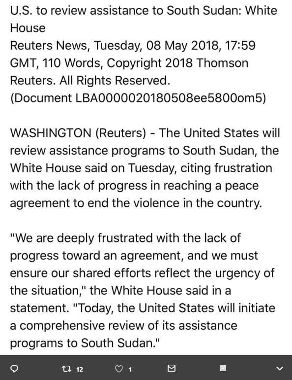 U.s. to review assistance to south sudan white house reuters news , tuesday 08 m