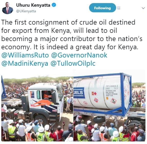 Uhuru kenyatta ukenyatta following the first consignment of crude oil destined f