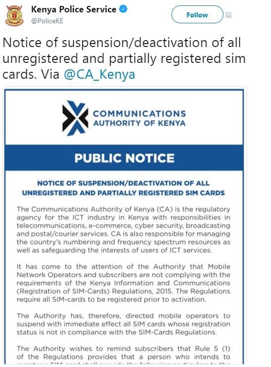 Kenya police service policeke follow notice of suspensiondeactivation of all unr