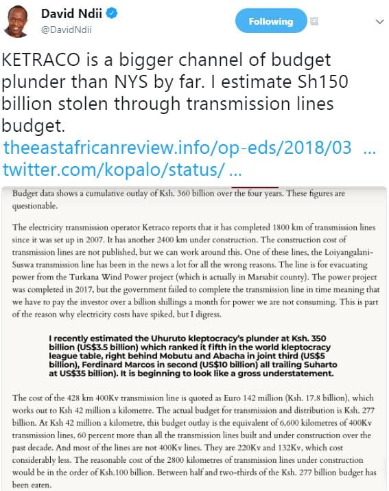 David ndii davidndii following ketraco is bigger channel of budget plunder than