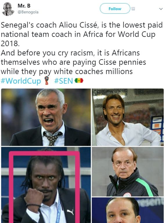 Mr. b benogola follow senegal's coach aliou cissé, is the lowest paid national t