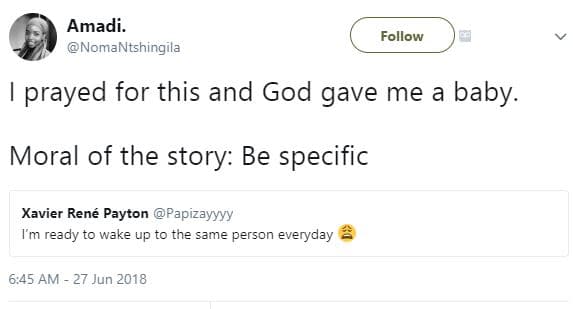 Amadi. nomantshingila follow prayed for this and god gave me baby. moral of the