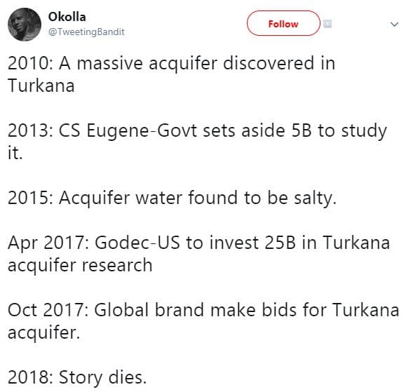 Okolla tweetingbandit follow a massive acquifer discovered in turkana cs eugeneg