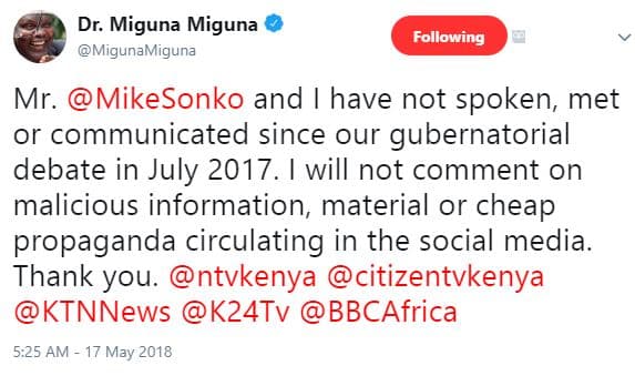 Dr. miguna miguna migunamiguna following mr. mikesonko and have not spoken met o