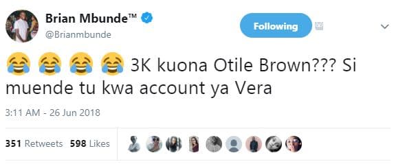 Brian mbunde brianmbunde following 3k kuona otile brown??? si muende tu kwa acco