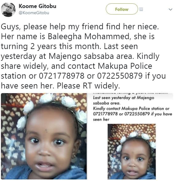 Koome gitobu koomegitobu follow guys, please help my friend find her niece. her
