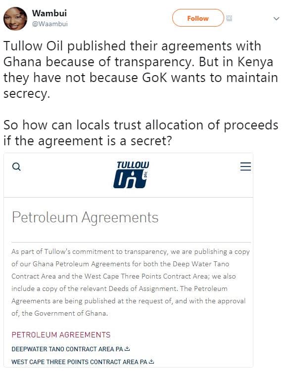 Wambui waambui follow tullow oil published their agreements with ghana because o