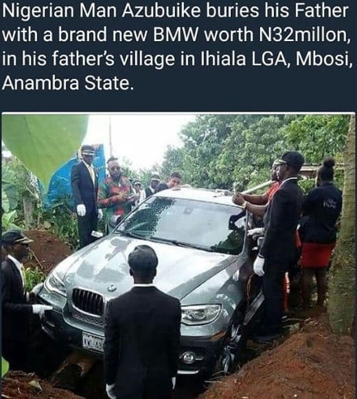 Nigerian man azubuike buries his father with a brand new bmw worth n32millon in