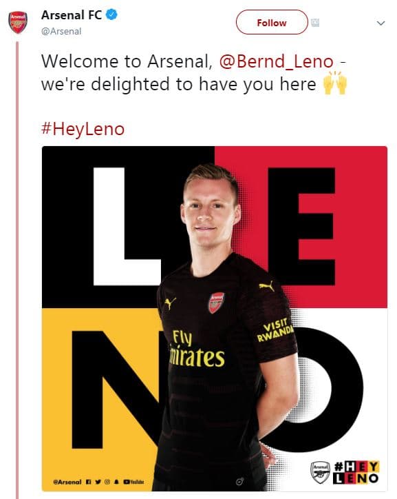 Arsenal fc arsenal follow welcome to arsenal, bernd_leno we're delighted to have
