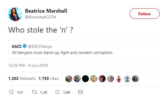 Beatrice marshall bmarshallcgtn follow who stole the 'n' ? eacc eacckenya all ke