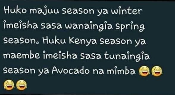 Huko majuu season ya winter imeisha sasa wanaingia spring seasono huku kenya sea