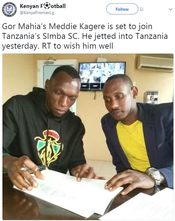 Kenyan f c'otball kenyapremierlg follow gor mahia's meddie kagere is set to join