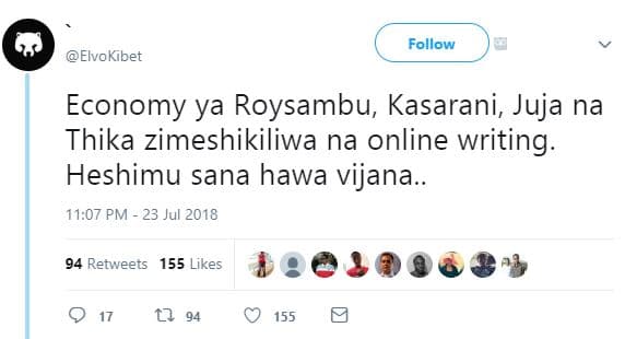 Follow elvokibet economy ya roysambu kasarani juja na thika zimeshikiliwa na onl