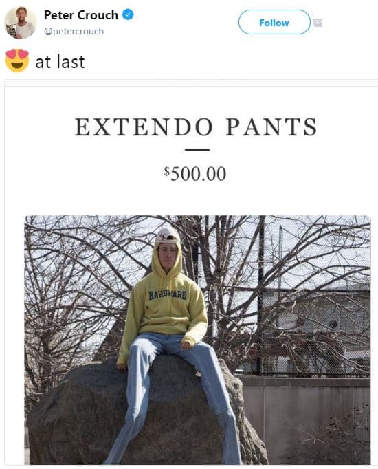 Peter crouch petercrouch follow at last extendo pants s500.00 hardvare