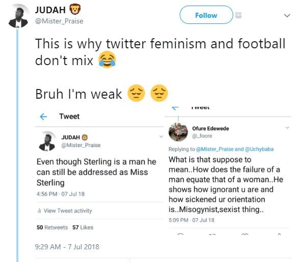 Judah mister_praise follow this is why twitter feminism and football don't mix b
