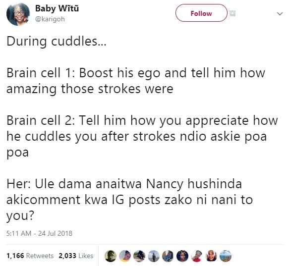 Baby wtñ karigoh follow during cuddles. brain cell 1 boost his ego and tell him