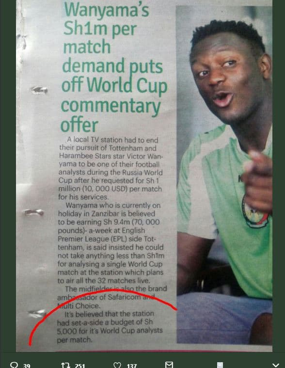 Wanyama's shım per match demand puts off world cup commentary offer a local tv s