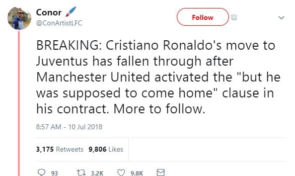 Conor conartistlfc follow breaking cristiano ronaldo's move to juventus has fall