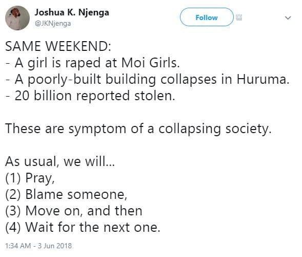 Joshua k. njenga jknjenga follow same weekend a girl is raped at moi girls. a po