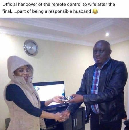 Official handover of the remote control to wife after the final . part of being