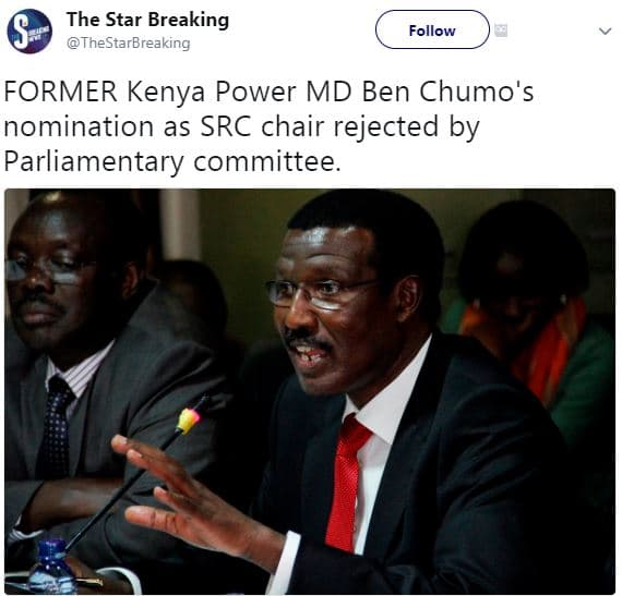 The star breaking thestarbreaking follow former kenya power md ben chumo's nomin