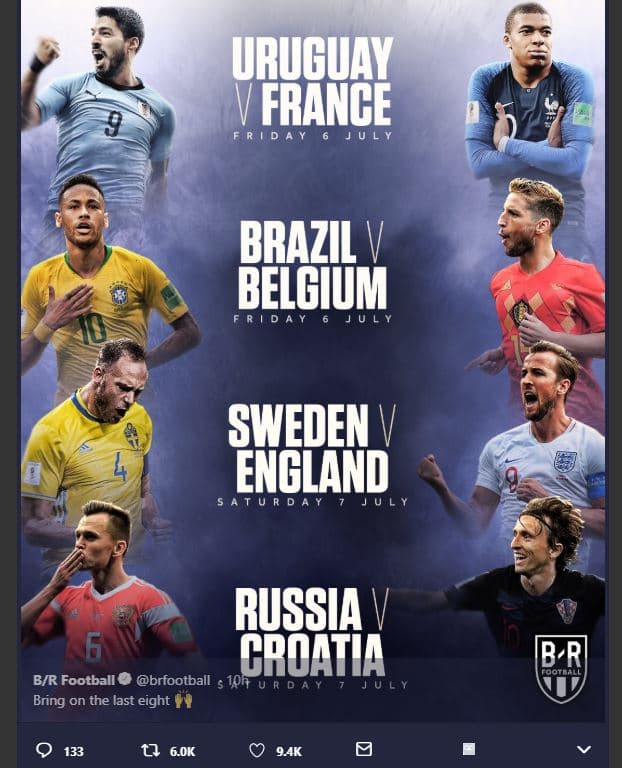 Uruguay france brazil v belgium r d sheden england t u russia eroatia br footbal