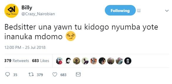 Billy crazy_nairobian following bedsitter una yawn tu kidogo nyumba yote inanuka