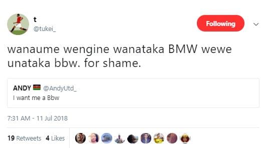 Following tukei _ wanaume wengine wanataka bmw wewe unataka bbw. for shame andy
