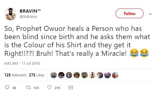 Bravin itsbravın follow so, prophet owuor heals a person who has been blind sinc