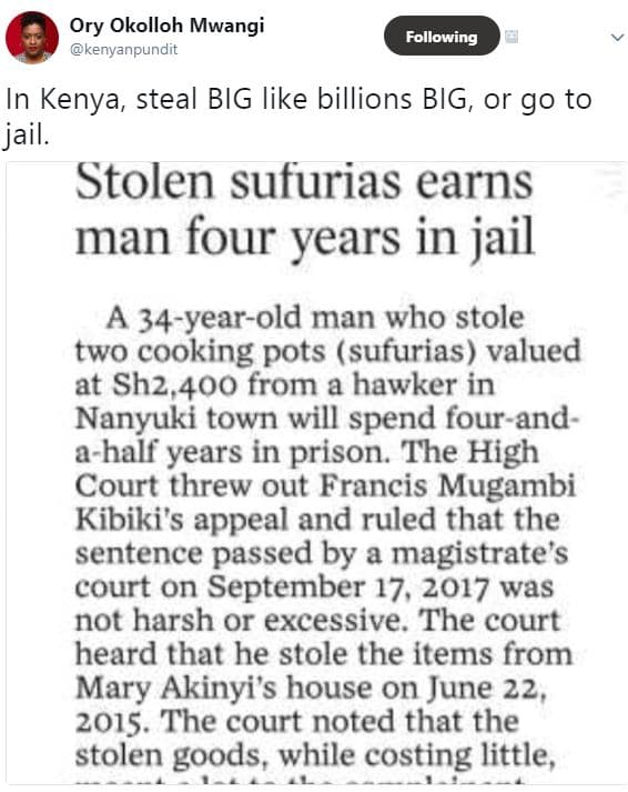 Ory okolloh mwangi kenyanpundit following in kenya steal big like billions big,