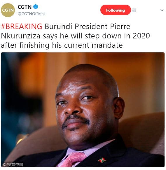Cgtn cctn cgtnofficial following breaking burundi president pierre nkurunziza sa