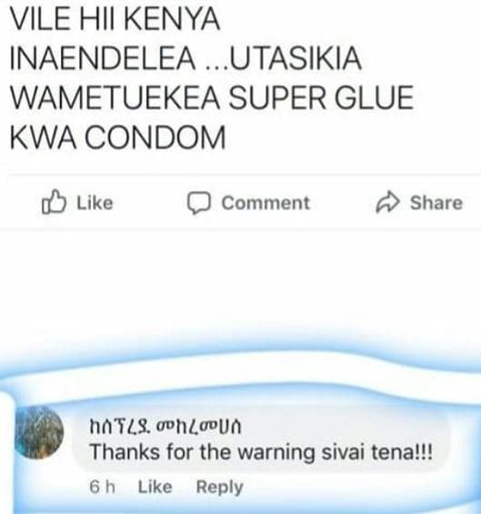 Vile hii kenya inaendelea utasikia wametuekea super glue kwa condom like comment