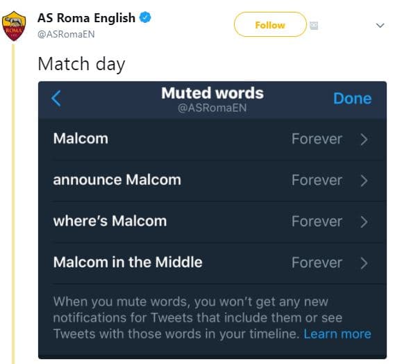 As roma english asromaen follow match day muted words asromaen done malcom forev