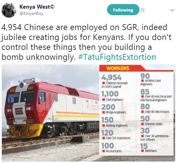 Kenya west kinyanboy following 4,954 chinese are employed on sgr indeed jubilee