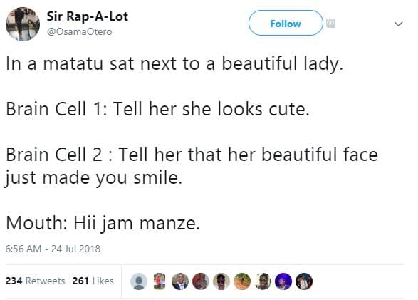 Sir rapalot osamaotero follow in a matatu sat next to a beautiful lady. brain ce