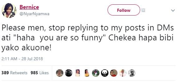 Bernice nvarnyamwa follow please men stop replying to my posts in dms ati 'haha