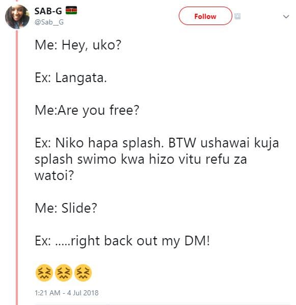 Sabg sab_ follow me hey uko? ex langata. meare you free? ex niko hapa splash. bt