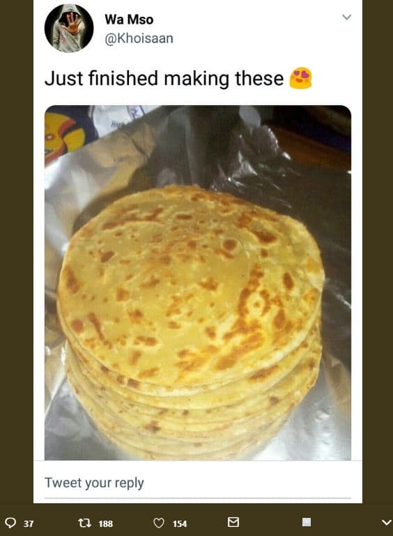 Wa mso khoisaan just finished making these tweet your reply 9 37 0 188 154 0
