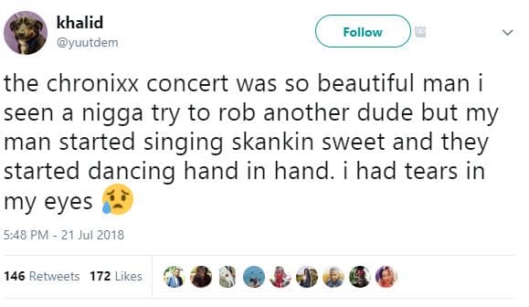 Khalid yuutdem follow the chronixx concert was so beautiful man seen nigga try t
